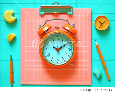 Colorful alarm clock on a grid background with stationery items 130586843