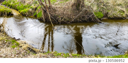 Serene River Flowing Through a Park, Reflecting Trees and Sky Serene River Flowing Through a Park, Reflecting Trees and Sky 130586952