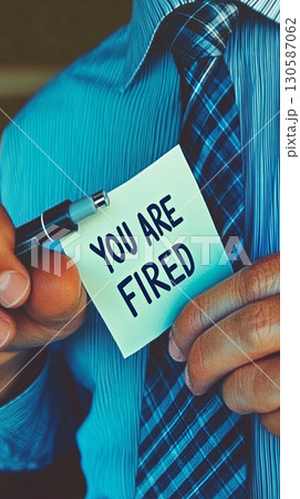 Employee termination notice held by a businessman in a blue shirt  130587062