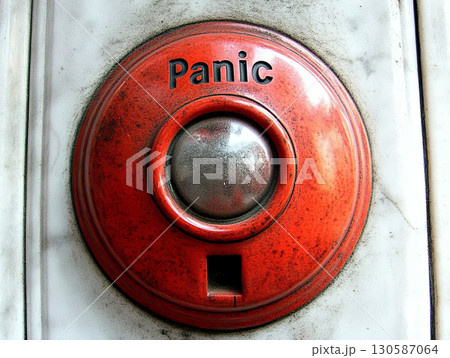 Vintage red panic button mounted on a wall with a shiny metallic center 130587064