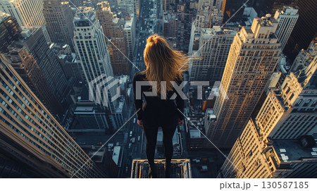 Woman standing on rooftop overlooking city skyline at sunset 130587185