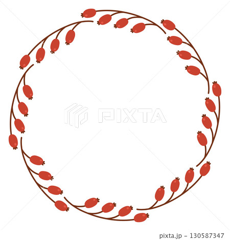 Autumn berry circle frame. Round border made of fall berries. The berries have different shapes and are arranged in a circle. Vector flat isolated on white background. 130587347