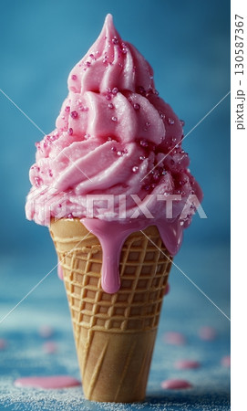 Delicious pink ice cream cone with creamy texture and vibrant color melting  130587367