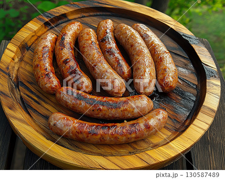 Grilled sausages arranged on a wooden plate showcasing deliciously cooked meat  130587489
