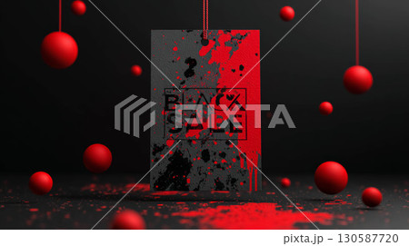 Black sale tag design with red splashes and floating spheres in a modern promotional concept 130587720