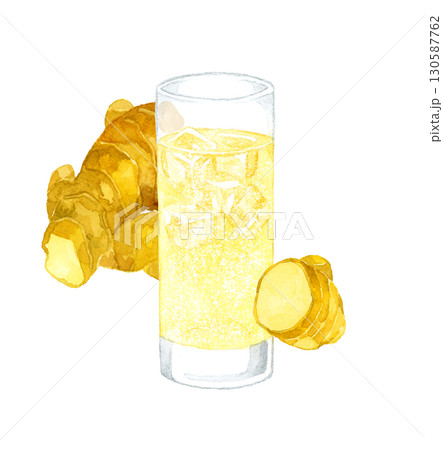 ジンジャーエールと生姜 飲み物の手描き水彩イラスト素材 ジンジャーエールと生姜 飲み物の手描き水彩イラスト素材 130587762