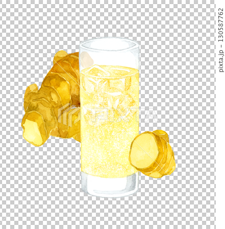 ジンジャーエールと生姜 飲み物の手描き水彩イラスト素材 ジンジャーエールと生姜 飲み物の手描き水彩イラスト素材 130587762