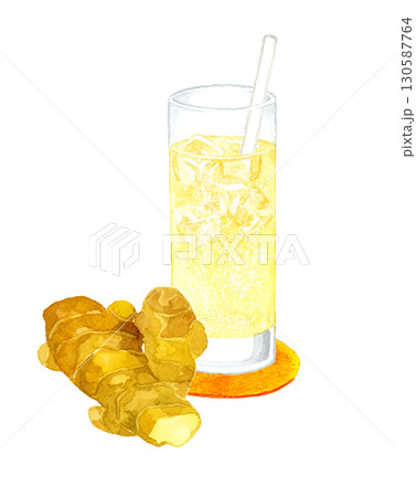 ジンジャーエールと生姜　飲み物の手描き水彩イラスト素材 130587764