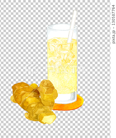ジンジャーエールと生姜　飲み物の手描き水彩イラスト素材 130587764