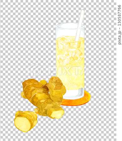 ジンジャーエールと生姜 飲み物の手描き水彩イラスト素材 ジンジャーエールと生姜 飲み物の手描き水彩イラスト素材 130587766