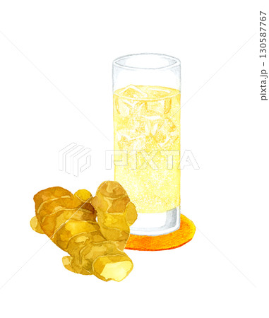 ジンジャーエールと生姜　飲み物の手描き水彩イラスト素材 130587767
