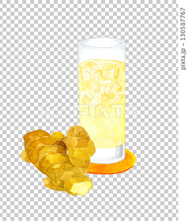 ジンジャーエールと生姜　飲み物の手描き水彩イラスト素材 130587767