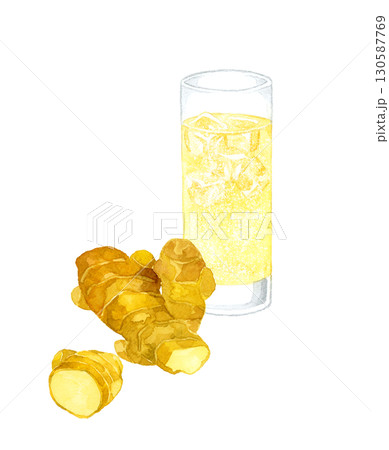 ジンジャーエールと生姜　飲み物の手描き水彩イラスト素材 130587769