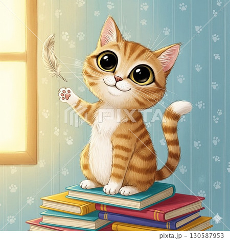 カラフルな本と猫 130587953
