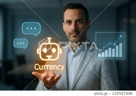 AI generated image of a confident businessman in a modern office, holding a glowing chatbot icon with the word Currency. This reflects the fusion of fintech, AI, and business decision-making. 130587986