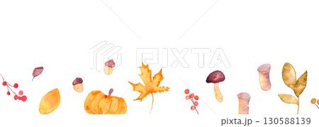 水彩画。水彩タッチのベクター秋イラスト。秋の枯葉やきのこのイラスト。秋の紅葉や葉っぱのフレーム。 130588139