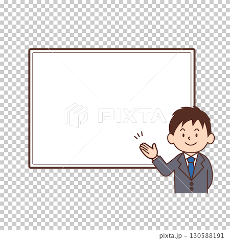 ボードの前で案内するビジネスマン　スーツを着た男性のイラスト　ビジネスパーソン　素材　シンプル 130588191