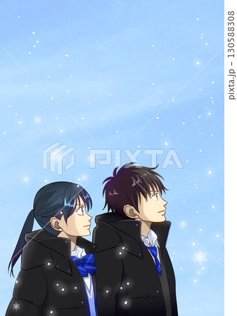 静かに降る雪、空を見上げる高校生または中学生の男女のアニメ風イラスト 130588308