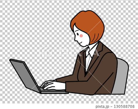 Brown suit. A woman operating a computer seen from the side 130588708
