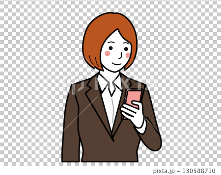 茶色のスーツ。スマホを見る女性 130588710