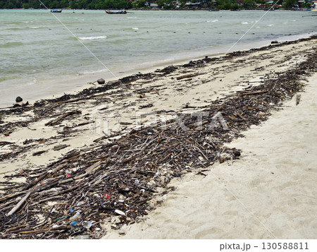 A beach heavily littered with wood and plastic 130588811