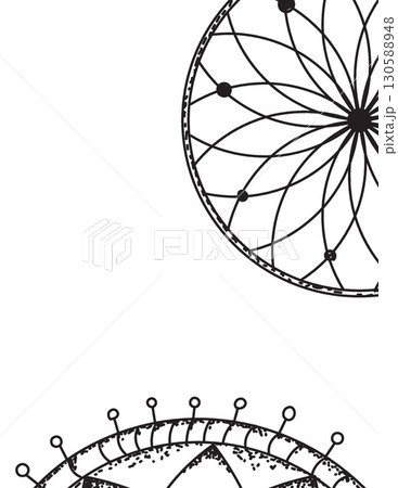 intricate black and white circular geometric patterns with lines and dots 130588948