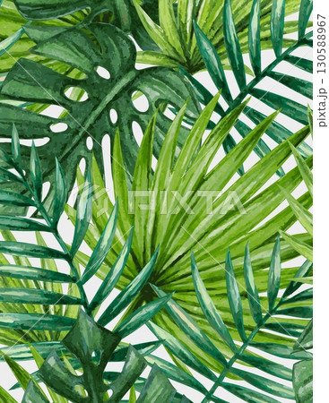 vibrant tropical jungle with lush green palm and monstera leaves 130588967