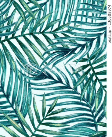 lush tropical palm and fern leaves creating dense green foliage background 130588974