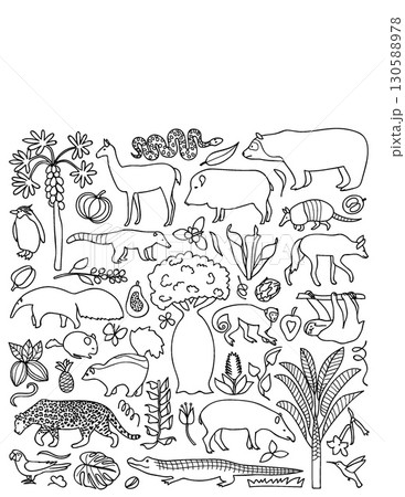 detailed black and white line drawing of various wild jungle animals and plants in a natural habitat scene 130588978