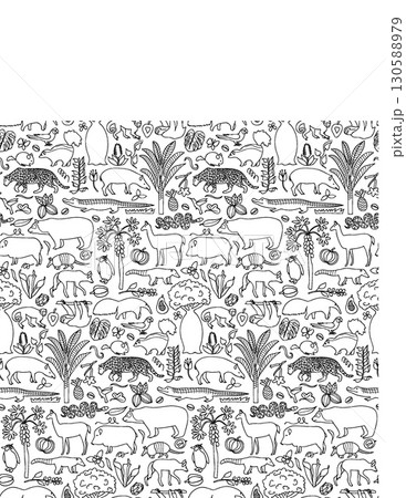detailed black and white illustration of diverse jungle animals and plants in a repeating pattern design 130588979
