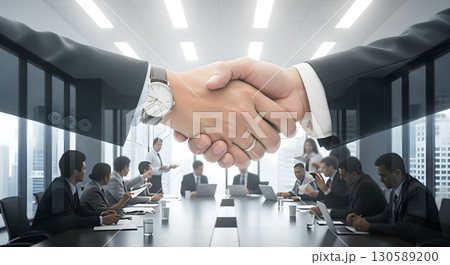 Successful partnerships portrayed through handshake over meeting scene depicting global business 130589200