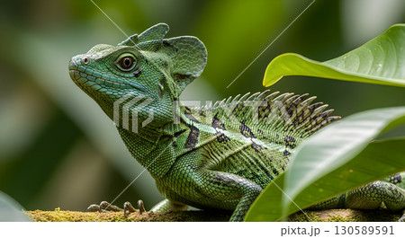 Close-up portrait highlighting the magnificent detail of a Green Basilisk lizard perched among 130589591