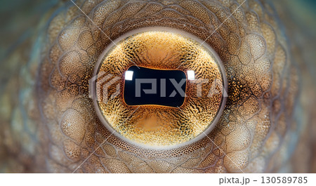 Close-up perspective showcases an octopus's golden eye reflecting its underwater world as a 130589785