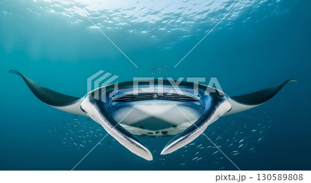 Majestic manta ray gracefully glides through the turquoise ocean depths with sunlight piercing the Majestic manta ray gracefully glides through the turquoise ocean depths with sunlight piercing the 130589808