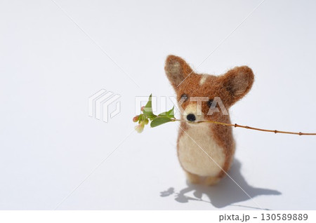 シンフォリカルポスの花をくわえる羊毛フェルトの犬　　　 130589889