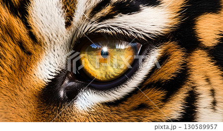 Intense tiger eye capturing its piercing gaze and striking patterns of fur in a close up shot 130589957
