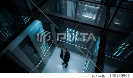 Contemplative businessman standing in modern elevator shaft illuminated with unique lighting 130589968
