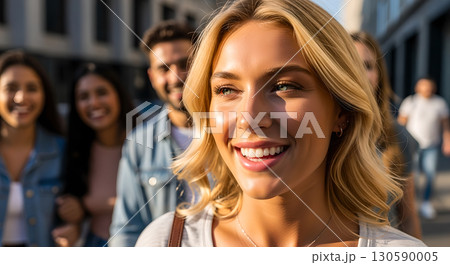 Cheerful woman with a group of friends enjoying a sunny day downtown exploring the city sights 130590005