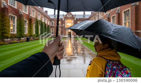 Rainy day adventure at university campus with girl in yellow jacket and umbrellas create a 130590006