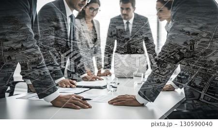 Strategic urban planning team collaborates over city map overlay during important business 130590040