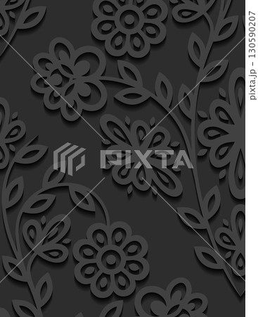 intricate black floral pattern with embossed design on dark background highlighting detailed floral motifs 130590207