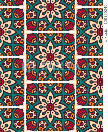 intricate colorful geometric tile pattern with floral motifs and symmetry 130590240