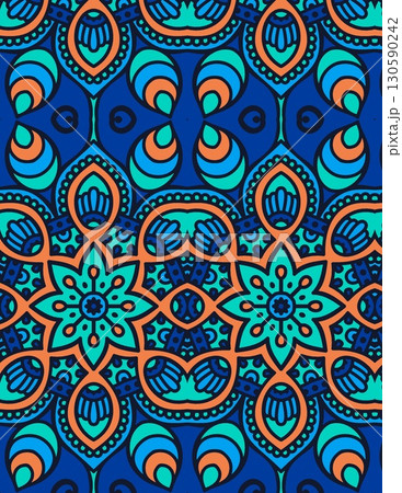 intricate geometric and floral patterns in vibrant blue and orange hues creating a symmetrical mosaic design 130590242