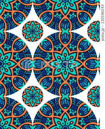 intricate geometric tile pattern featuring floral motifs and vibrant colors in a seamless design 130590243