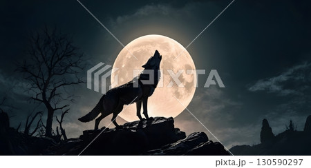 Wolf howling at full moon on rocky hill with dramatic night sky. for book covers, posters 130590297