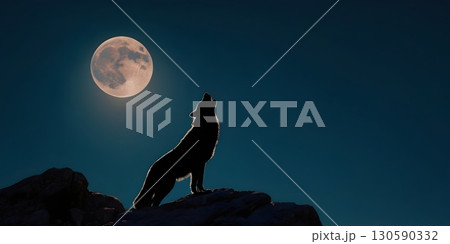 Wolf howling at full moon on rocky hill with dramatic night sky. for book covers, posters 130590332