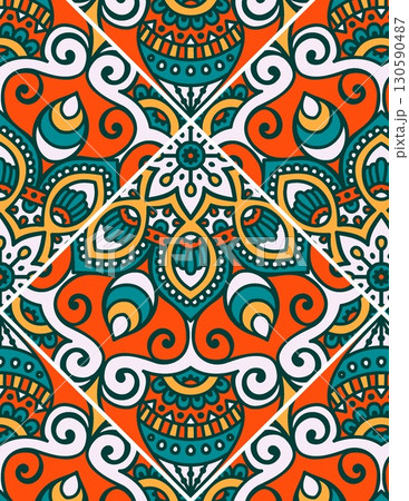 intricate symmetrical mandala pattern with vibrant colors and detailed designs 130590487