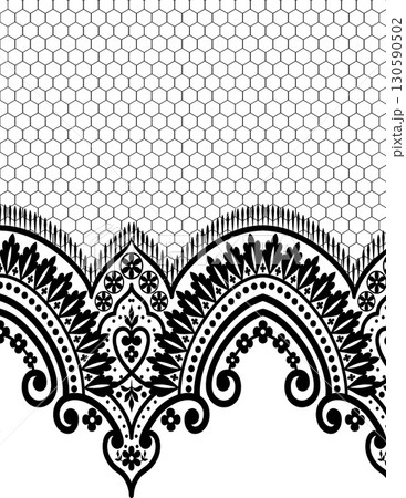 intricate black lace pattern on a white honeycomb textured background 130590502