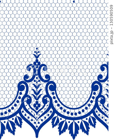 intricate blue lace pattern with ornamental floral motifs and honeycomb background 130590509