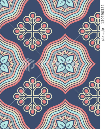 intricate geometric tile pattern with floral and snowflake-inspired designs in pastel shades 130590522
